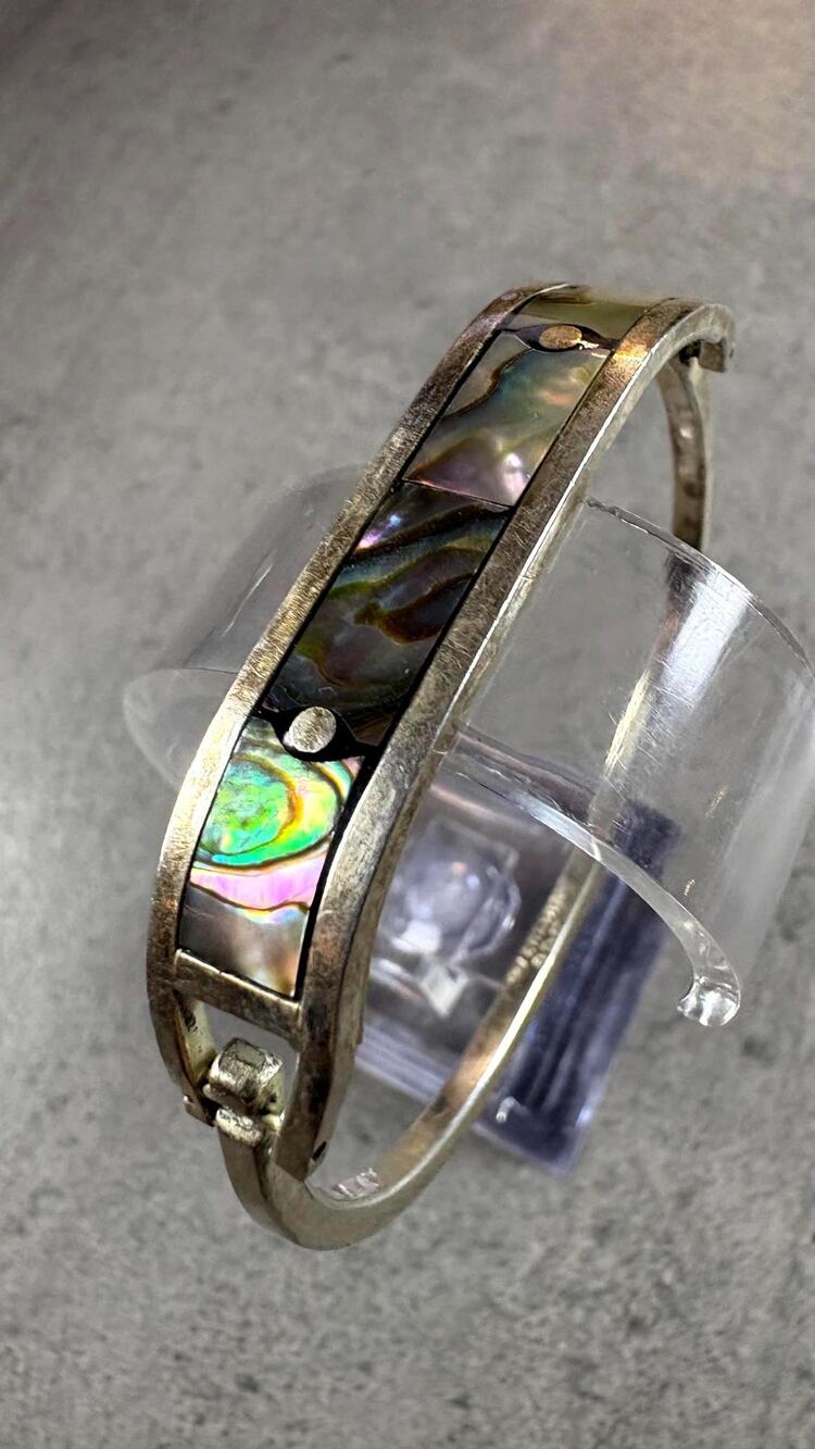 Vintage Sterling Silver Abalone Inlay Hinged Bangle Bracelet Accent 7" Wrist
